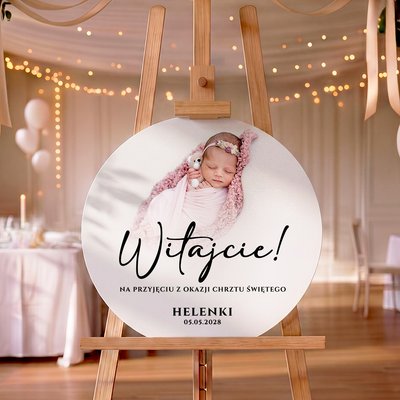 Okrągła tablica powitalna na Chrzest Święty ze zdjęciem - 40 cm
