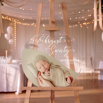 Okrągła akrylowa tablica powitalna na Chrzest Święty ze zdjęciem - 40 cm