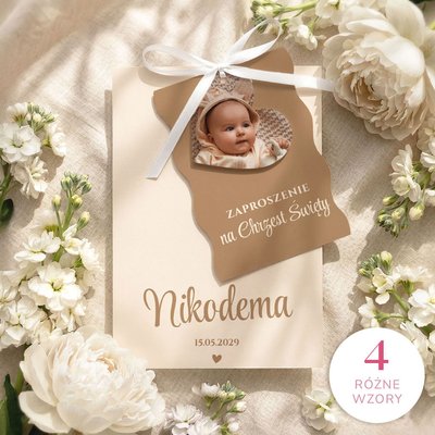 Zaproszenia na chrzest trzykartkowe ze wstążką - Tessa