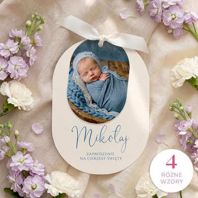 Zaproszenia na chrzest owalne ze wstążką - Agnes
