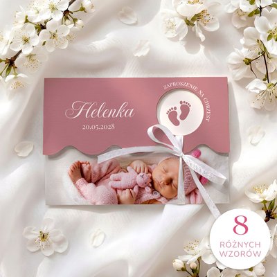 Zaproszenia na chrzest ze zdjęciem i falowanym wycięciem - Klaudia