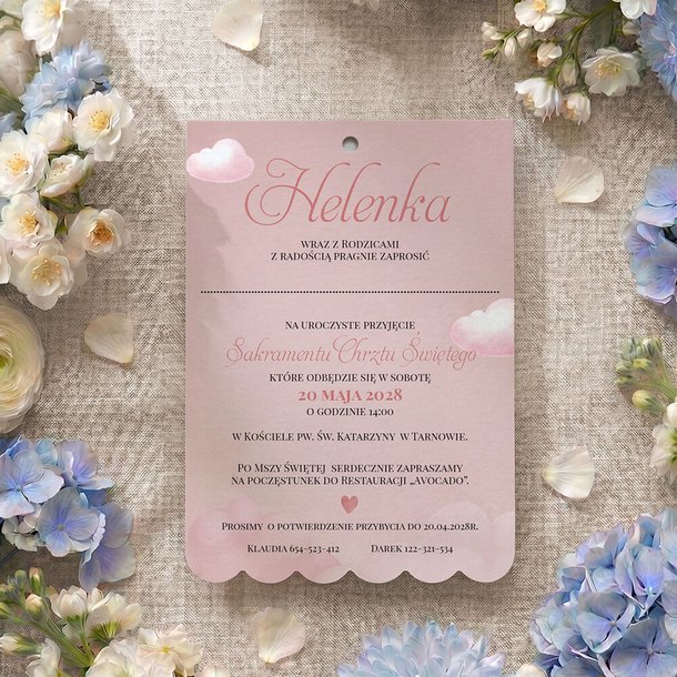 Zaproszenia na chrzest z ozdobnym wycięciem ze wstążką - Lea