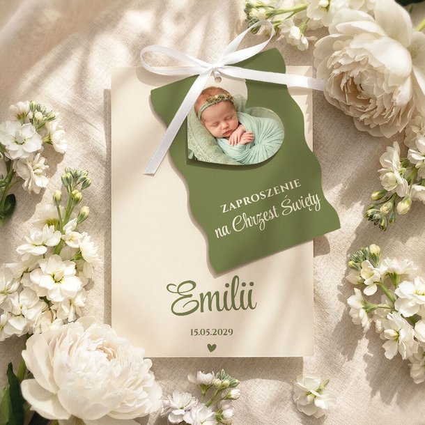Zaproszenia na chrzest trzykartkowe ze wstążką - Tessa