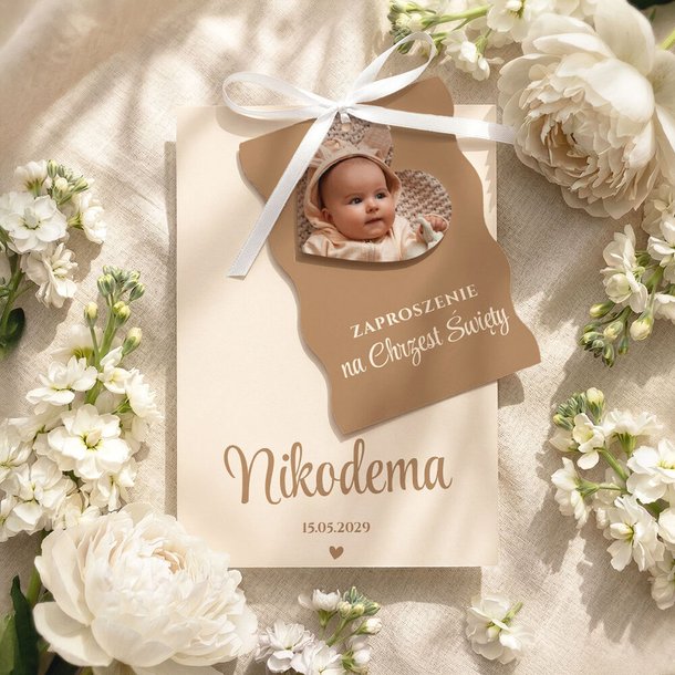 Zaproszenia na chrzest trzykartkowe ze wstążką - Tessa