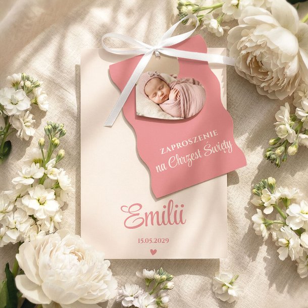 Zaproszenia na chrzest trzykartkowe ze wstążką - Tessa