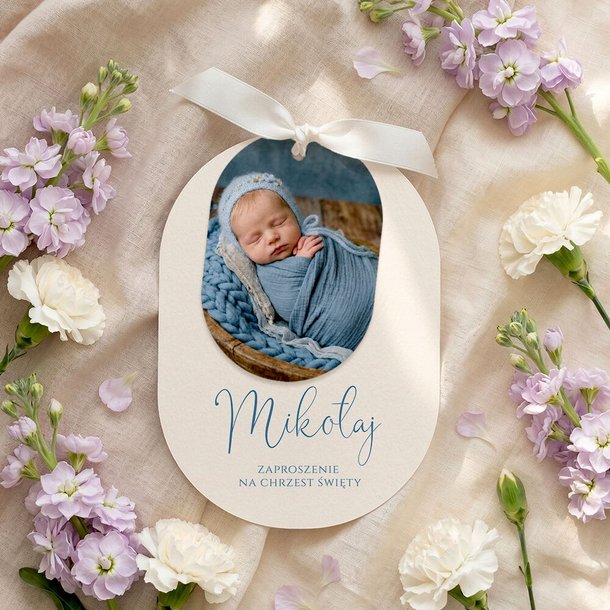 Zaproszenia na chrzest owalne ze wstążką - Agnes