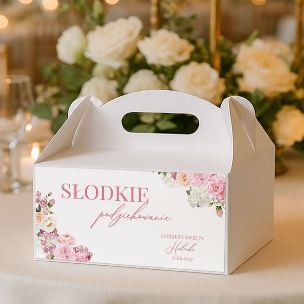 Naklejki na pudełka na ciasto podziękowania dla gości na Chrzest - Kwiaty