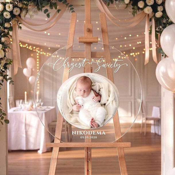 Okrągła akrylowa tablica powitalna na Chrzest Święty ze zdjęciem - 60 cm