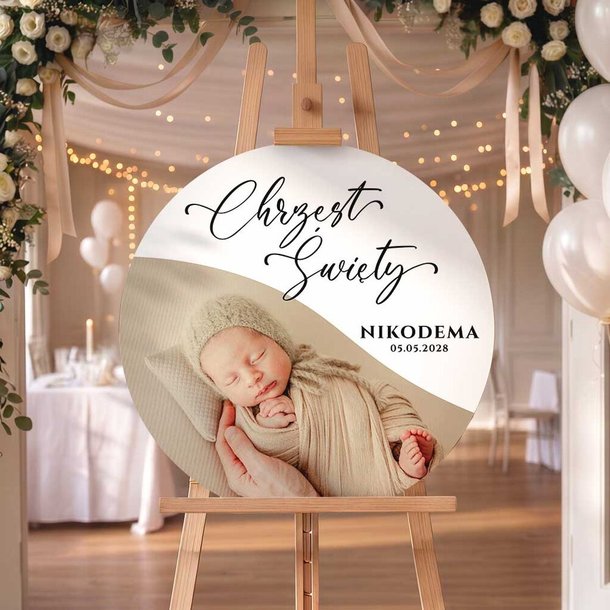 Okrągła tablica powitalna na Chrzest Święty ze zdjęciem - 60 cm