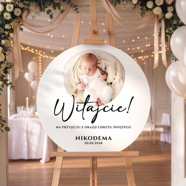 Okrągła tablica powitalna na Chrzest Święty ze zdjęciem - 60 cm