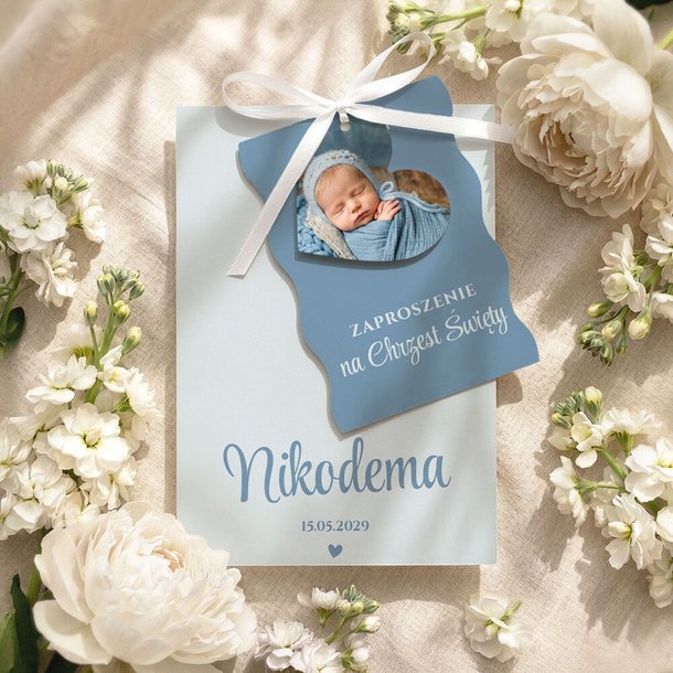 Zaproszenia na chrzest trzykartkowe ze wstążką - Tessa