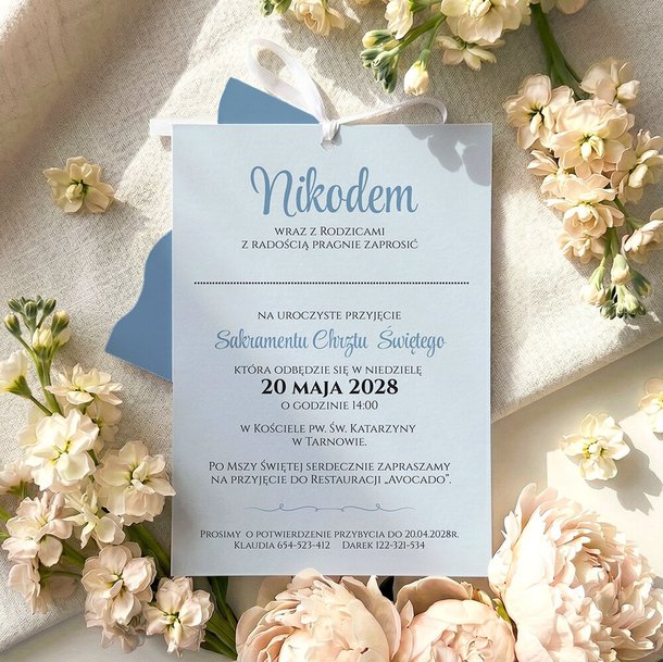 Zaproszenia na chrzest trzykartkowe ze wstążką - Tessa