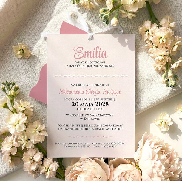 Zaproszenia na chrzest trzykartkowe ze wstążką - Tessa