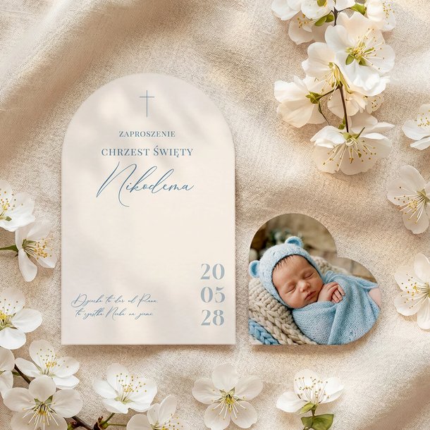 Zaproszenia na chrzest łuk ze zdjęciem - Aida