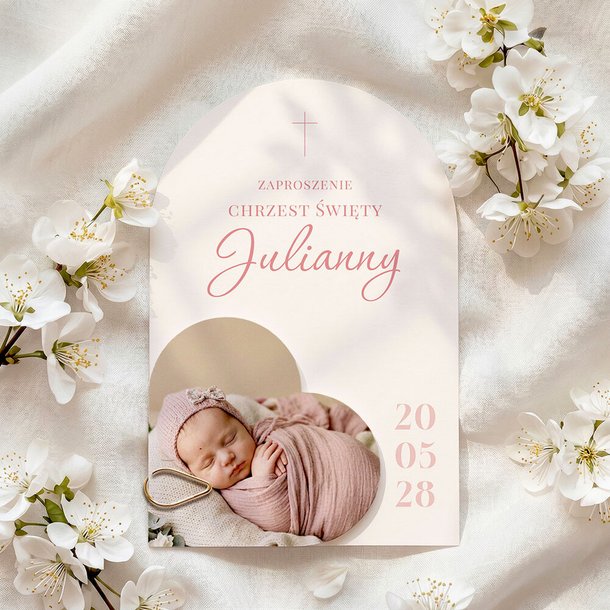 Zaproszenia na chrzest łuk ze zdjęciem - Aida