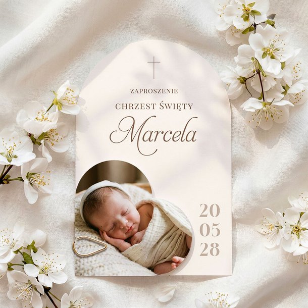 Zaproszenia na chrzest łuk ze zdjęciem - Aida