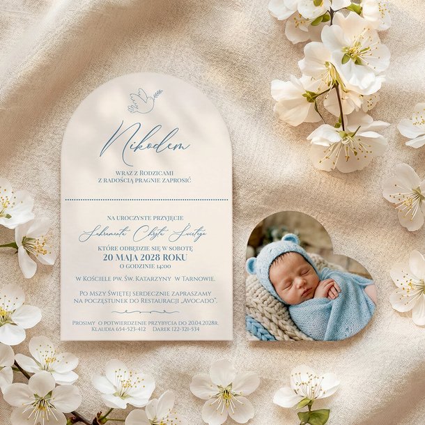 Zaproszenia na chrzest łuk ze zdjęciem - Aida