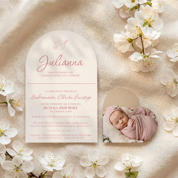 Zaproszenia na chrzest łuk ze zdjęciem - Aida