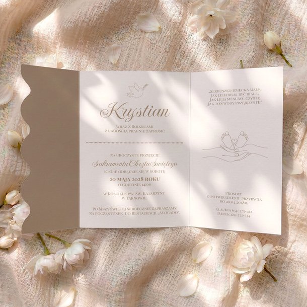 Zaproszenia na Chrzest Święty ze zdjęciem oraz falowanym wycięciem na froncie to wyjątkowa propozycja dla rodziców ceniących elegancję i oryginalne detale. Doskonale sprawdzą się zarówno na uroczystość dziewczynki, jak i chłopca, zachwycając gości już od 