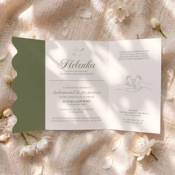 Zaproszenia na Chrzest Święty ze zdjęciem oraz falowanym wycięciem na froncie to wyjątkowa propozycja dla rodziców ceniących elegancję i oryginalne detale. Doskonale sprawdzą się zarówno na uroczystość dziewczynki, jak i chłopca, zachwycając gości już od 