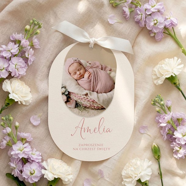 Zaproszenia na chrzest owalne ze wstążką - Agnes