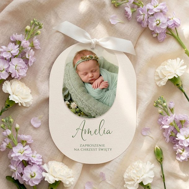 Zaproszenia na chrzest owalne ze wstążką - Agnes
