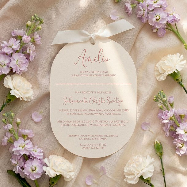 Zaproszenia na chrzest owalne ze wstążką - Agnes