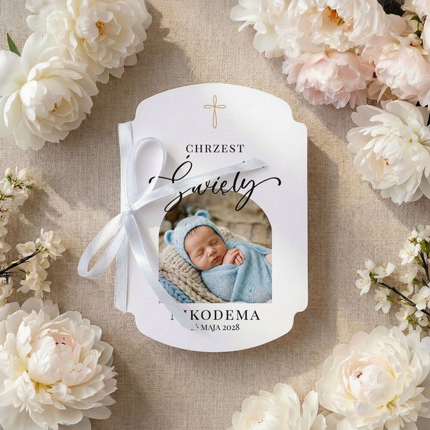 Zaproszenia na chrzest ze zdjęciem ozdobne wycięcie - Andrea