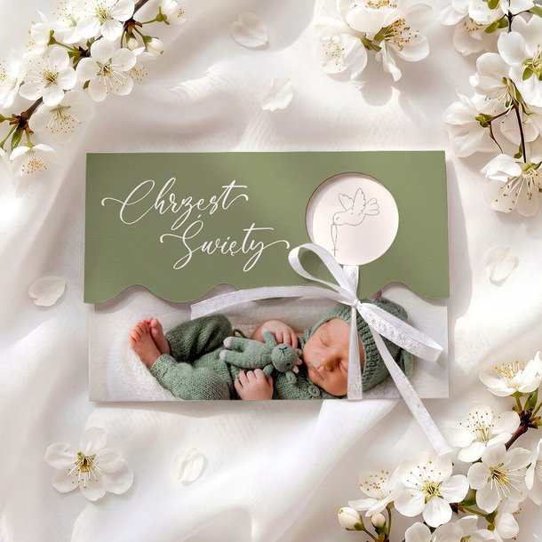 Zaproszenia na chrzest ze zdjęciem i falowanym wycięciem - Klaudia