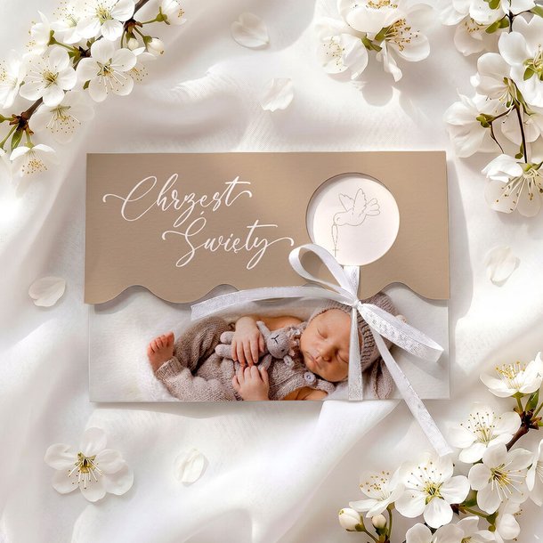 Zaproszenia na chrzest ze zdjęciem i falowanym wycięciem - Klaudia