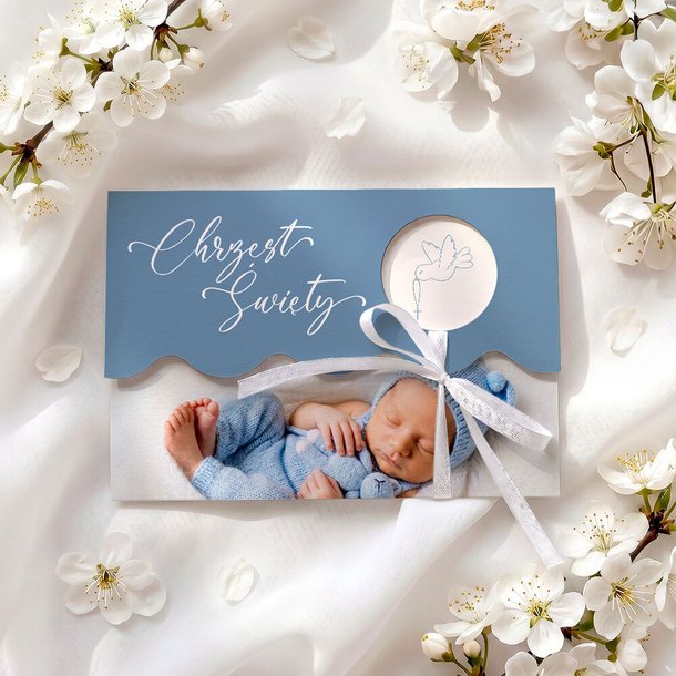 Zaproszenia na chrzest ze zdjęciem i falowanym wycięciem - Klaudia