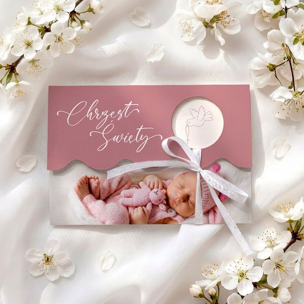 Zaproszenia na chrzest ze zdjęciem i falowanym wycięciem - Klaudia