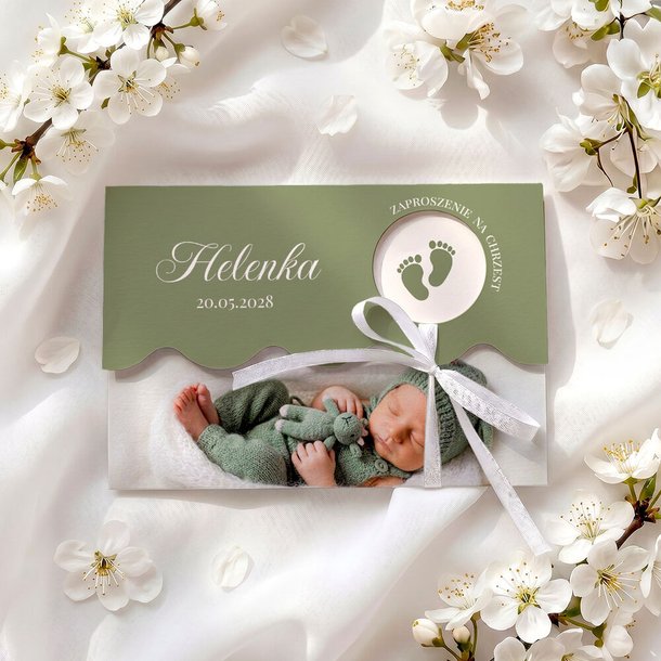 Zaproszenia na chrzest ze zdjęciem i falowanym wycięciem - Klaudia