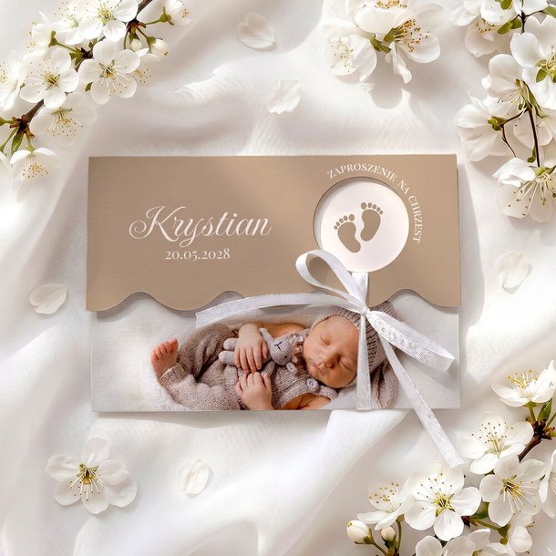 Zaproszenia na chrzest ze zdjęciem i falowanym wycięciem - Klaudia