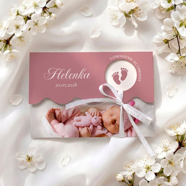Zaproszenia na chrzest ze zdjęciem i falowanym wycięciem - Klaudia