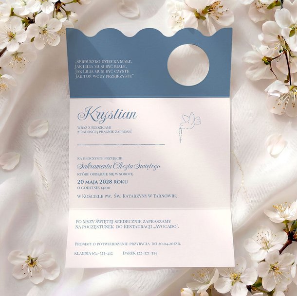 Zaproszenia na chrzest ze zdjęciem i falowanym wycięciem - Klaudia