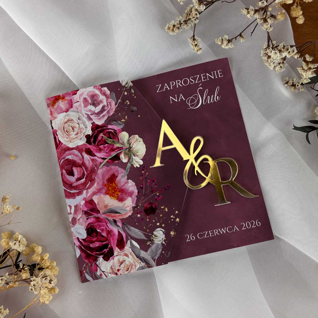 Zaproszenia ślubne składane - Luiza2 - inicjały złote lustro