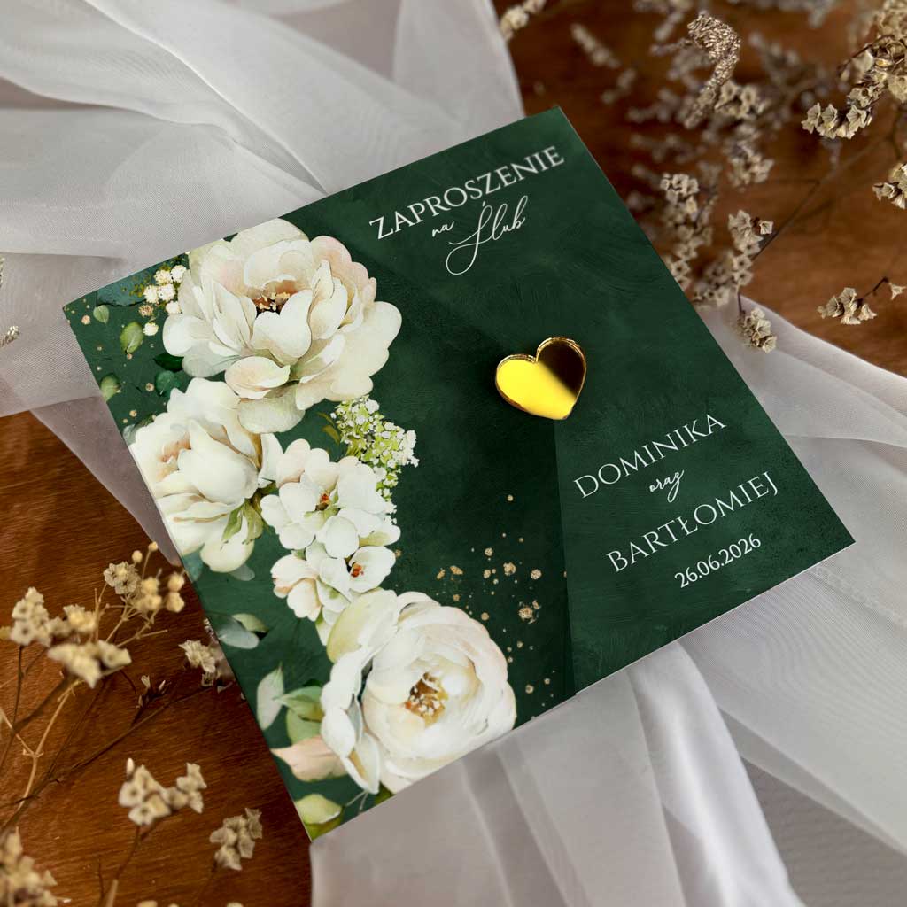 Zaproszenia ślubne składane - Adelajda - ze złotym serduszkiem