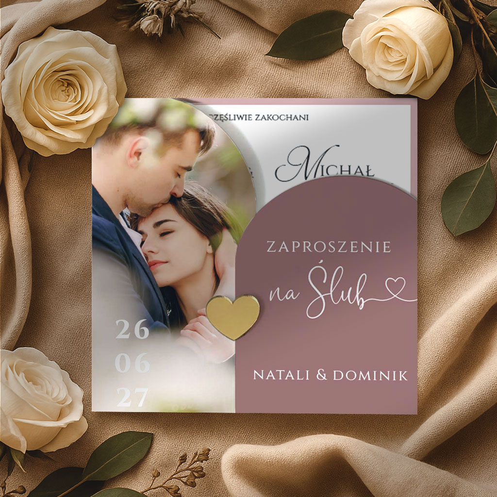 Zaproszenia Ślubne - Penelopa ze złotym serduszkiem