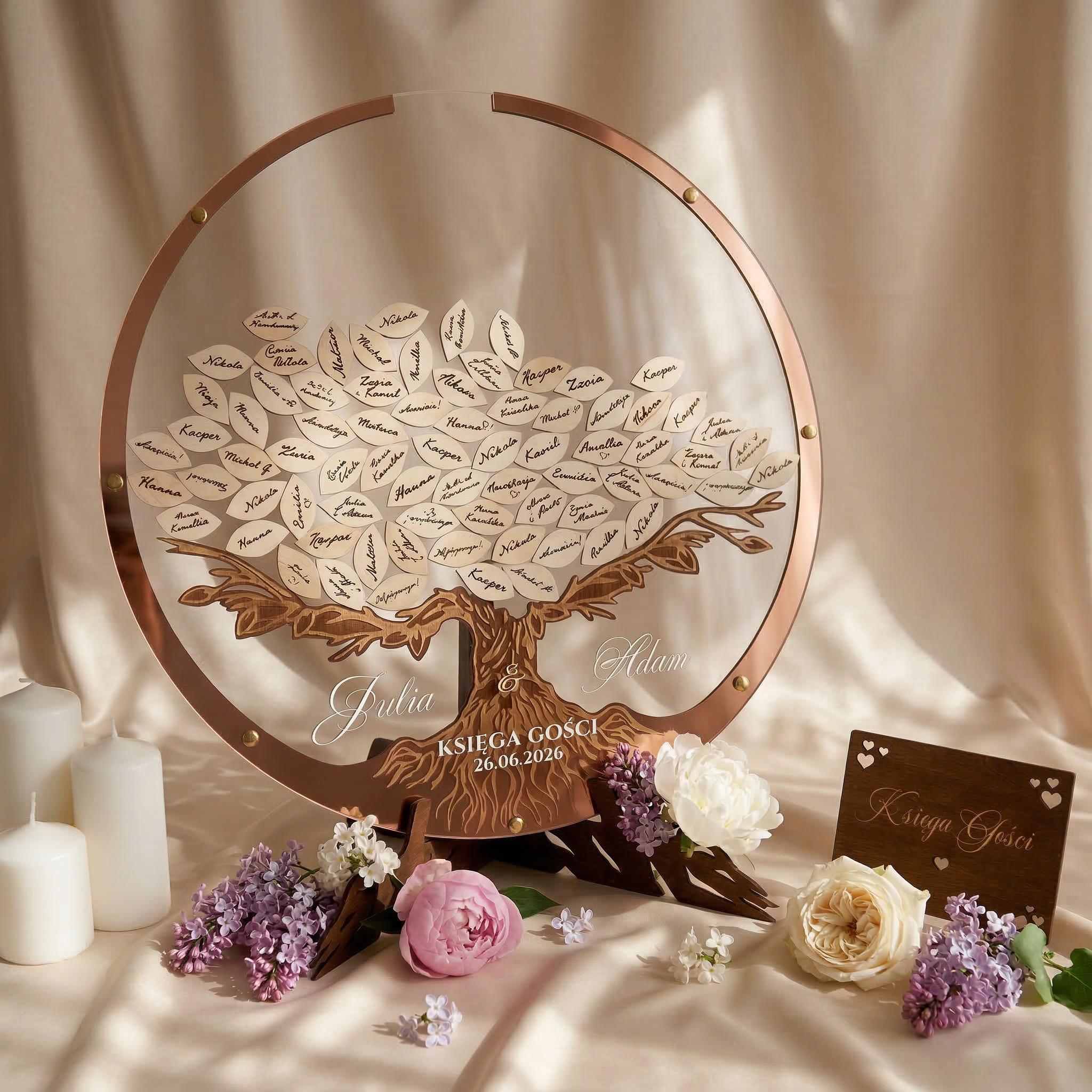 Drewniana księga gości weselnych na wesele - Drzewo z listkami