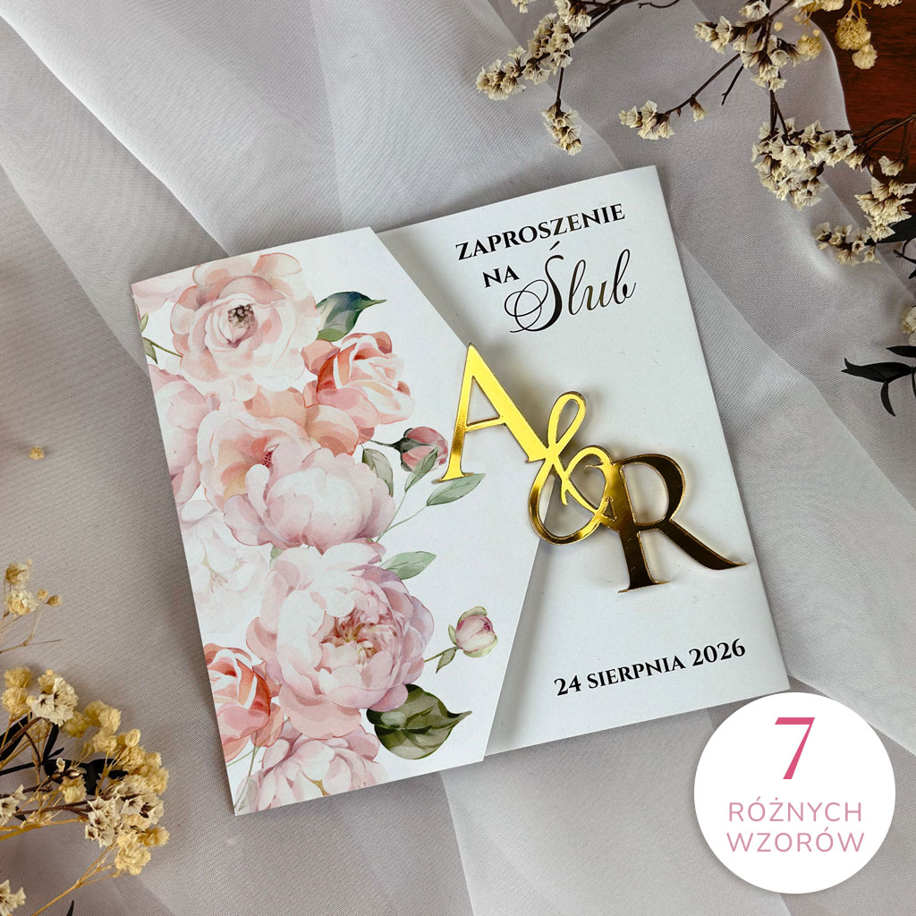 Zaproszenia ślubne składane - Milana - inicjały złote lustro