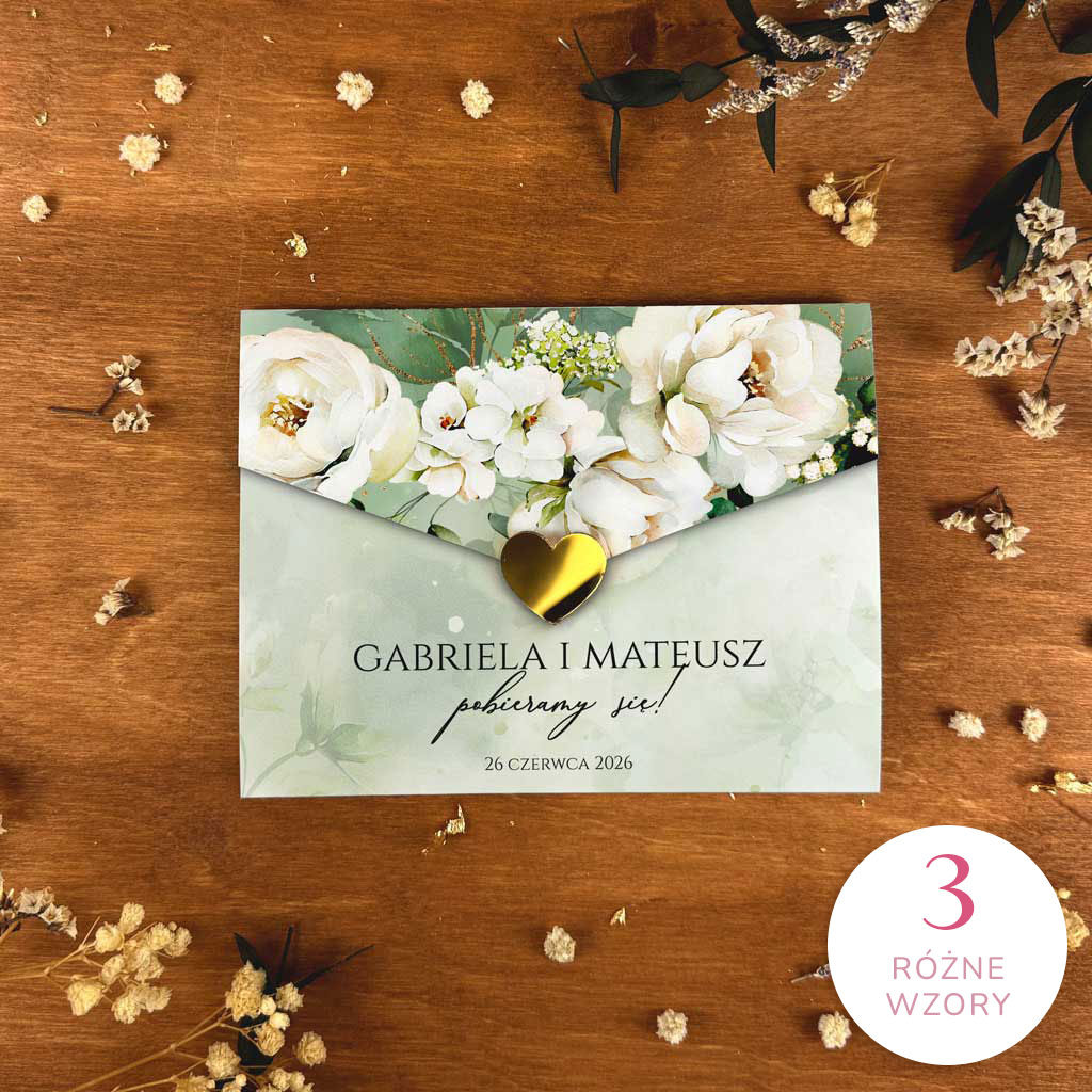 Zaproszenia ślubne kopertówki ze złotym serduszkiem - Miriam