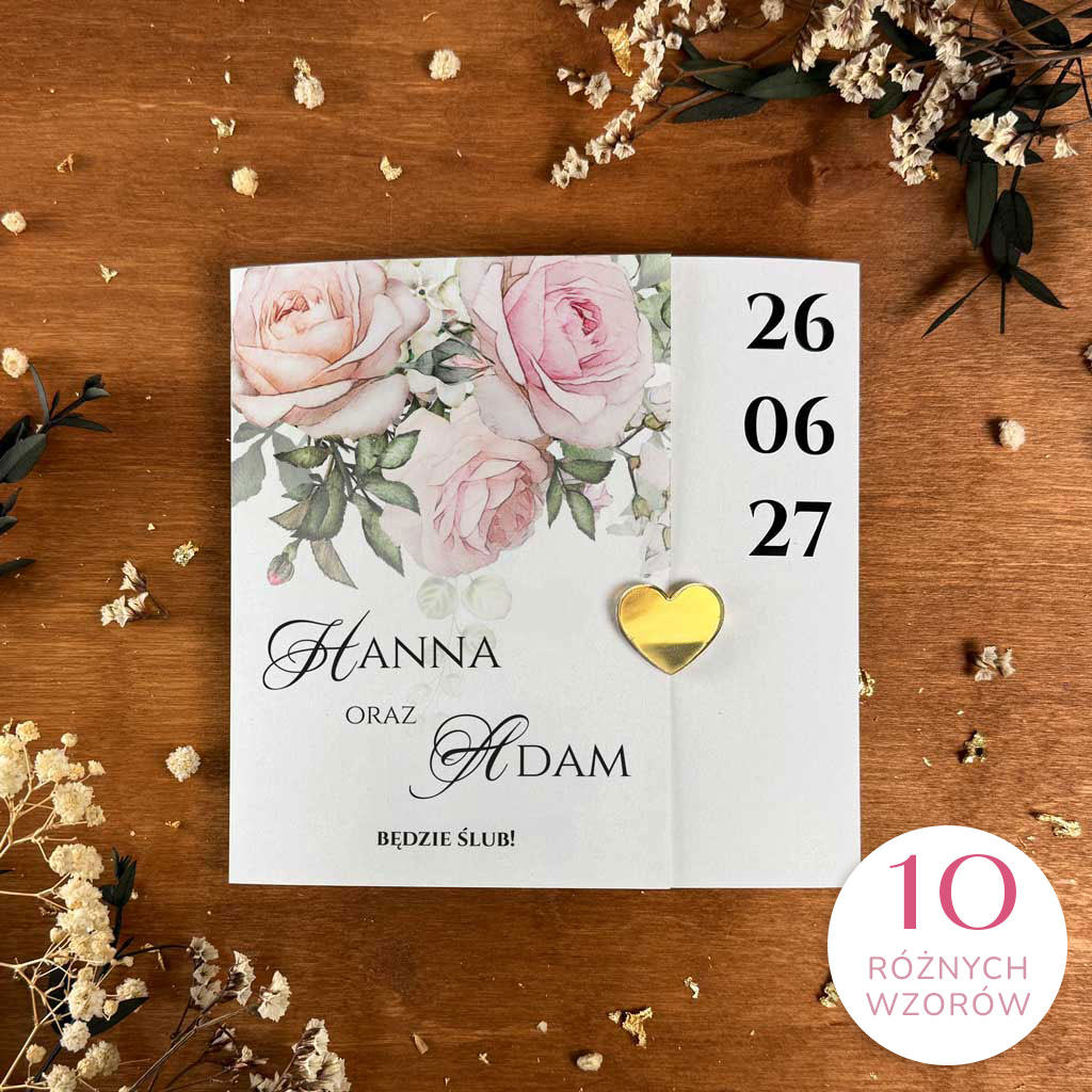 Zaproszenia ślubne składane - Rozalia - ze złotym serduszkiem