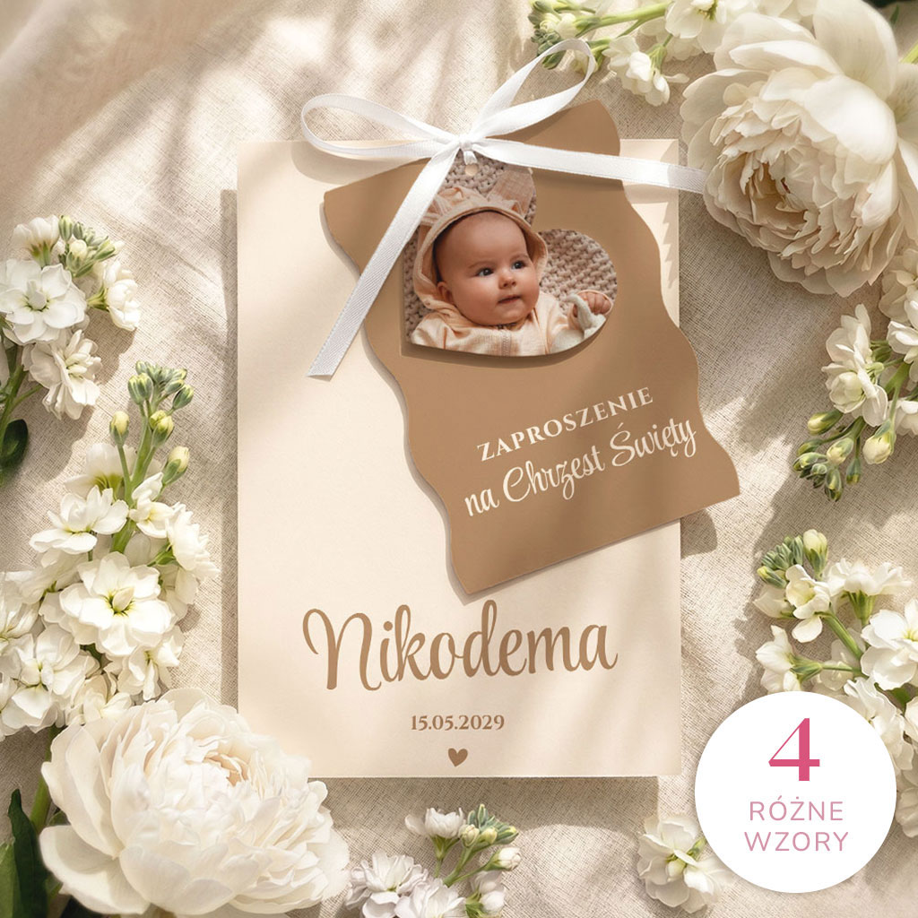 Zaproszenia na chrzest trzykartkowe ze wstążką - Tessa