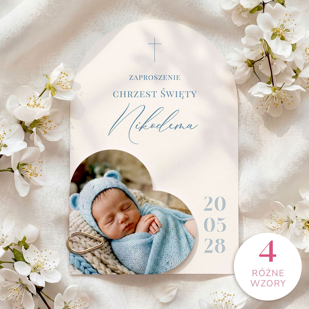 Zaproszenia na chrzest łuk ze zdjęciem - Aida