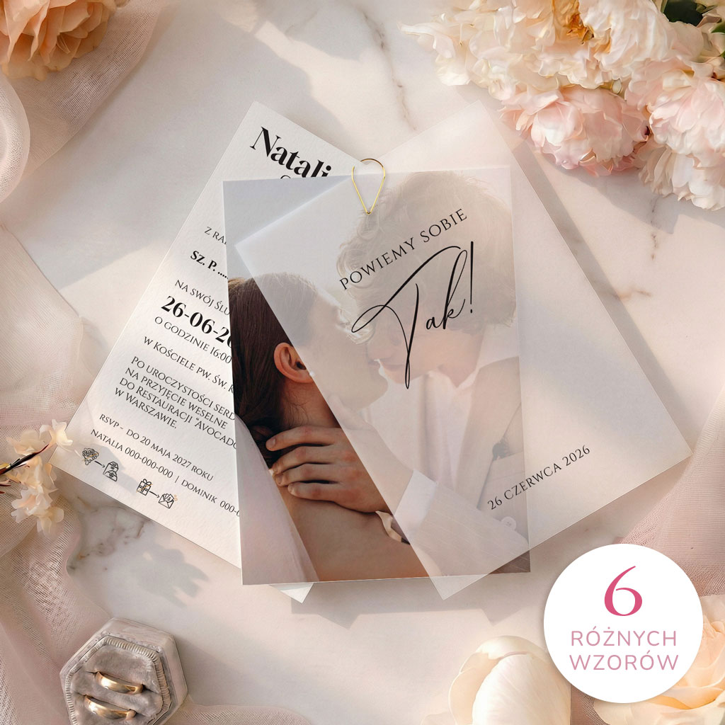 Zaproszenia ślubne ze zdjęciem i kalką - Dakota