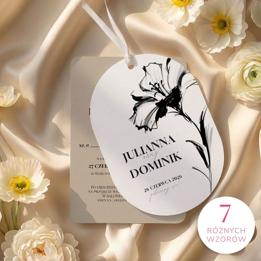 Zaproszenia ślubne owalne ze wstążką - Sonia