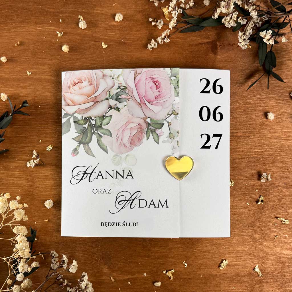 Zaproszenia ślubne składane - Rozalia - ze złotym serduszkiem