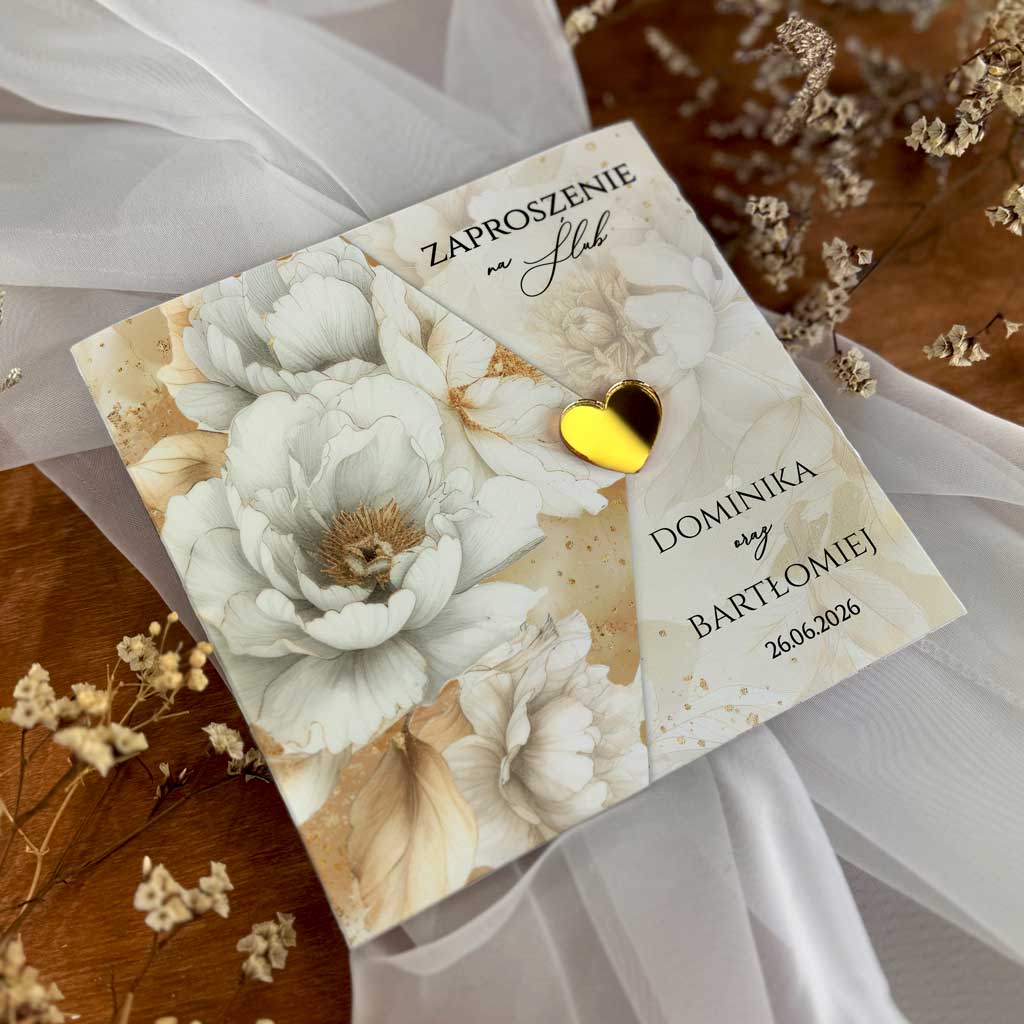 Zaproszenia ślubne składane - Julianna - ze złotym serduszkiem