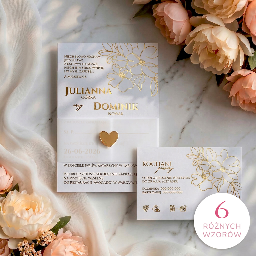 Zaproszenia ślubne złocone z opaską z kalki - Elodie
